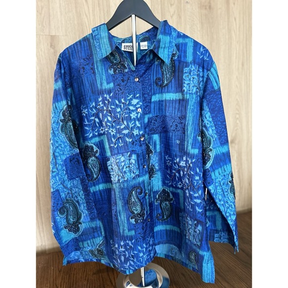 Chico's Design Tops - Chicos Design Blue Silk Paisley Beaded Button Up Shirt Womens Size 3 XL Large